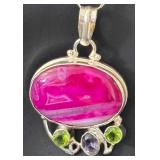 Sterling Silver Necklace with Dyed Pink Agate Pendant and Gem Accents