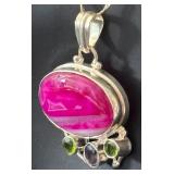 Sterling Silver Necklace with Dyed Pink Agate Pendant and Gem Accents