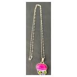 Sterling Silver Necklace with Dyed Pink Agate Pendant and Gem Accents