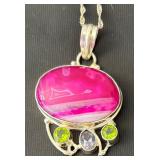 Sterling Silver Necklace with Dyed Pink Agate Pendant and Gem Accents