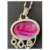 Sterling Silver Necklace with Dyed Pink Agate Pendant and Gem Accents