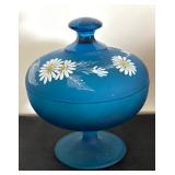 Vintage Westmoreland Blue Glass Compote Dish with Daisy Design