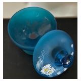 Vintage Westmoreland Blue Glass Compote Dish with Daisy Design