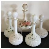 Set of 5 Vintage Victorian Painted Glass Decanters / Dresser Bottles