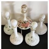 Set of 5 Vintage Victorian Painted Glass Decanters / Dresser Bottles