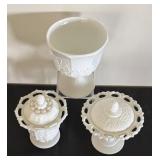 Set of 3 Vintage Milk Glass Compotes and Covered Candy Dishes with Grapevine Motif