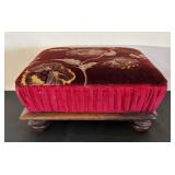 Vintage Velvet Floral Ottoman with Wooden Feet