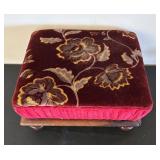 Vintage Velvet Floral Ottoman with Wooden Feet
