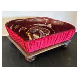 Vintage Velvet Floral Ottoman with Wooden Feet