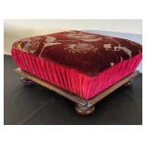 Vintage Velvet Floral Ottoman with Wooden Feet