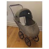 Vintage Wicker Baby Stroller with Metal Frame