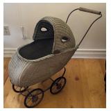 Vintage Wicker Baby Stroller with Metal Frame