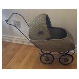 Vintage Wicker Baby Stroller with Metal Frame