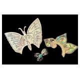 Set of 3 Vintage Mexican Sterling Silver Brooches Abalone and Turquoise Inlay