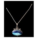 Sterling Silver Wave Pendant Necklace with Blue Stone, 18 Inch Chain