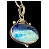 Sterling Silver Wave Pendant Necklace with Blue Stone, 18 Inch Chain