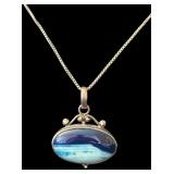 Sterling Silver Wave Pendant Necklace with Blue Stone, 18 Inch Chain