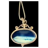 Sterling Silver Wave Pendant Necklace with Blue Stone, 18 Inch Chain
