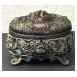 Ornate Vintage Metal Jewelry Casket Box with Floral Embossing
