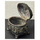 Ornate Vintage Metal Jewelry Casket Box with Floral Embossing