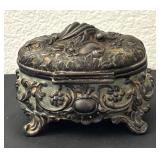 Ornate Vintage Metal Jewelry Casket Box with Floral Embossing