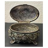 Ornate Vintage Metal Jewelry Casket Box with Floral Embossing