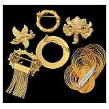 Set of 6 Vintage Gold Tone Brooches Assorted Designs