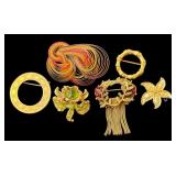 Set of 6 Vintage Gold Tone Brooches Assorted Designs