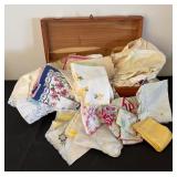 Vintage Wooden Box with Collection of Embroidered and Printed Handkerchiefs