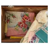 Vintage Wooden Box with Collection of Embroidered and Printed Handkerchiefs