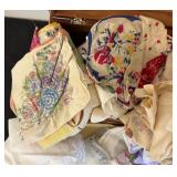 Vintage Wooden Box with Collection of Embroidered and Printed Handkerchiefs