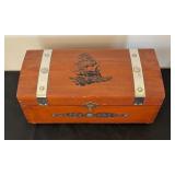 Vintage Wooden Box with Collection of Embroidered and Printed Handkerchiefs