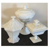 Set of 3 Vintage Milk Glass Compotes with Grape Motif Lids