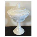 Set of 3 Vintage Milk Glass Compotes with Grape Motif Lids