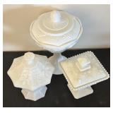 Set of 3 Vintage Milk Glass Compotes with Grape Motif Lids