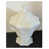 Set of 3 Vintage Milk Glass Compotes with Grape Motif Lids