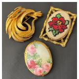 Lot of 3 Vintage Brooches Gold Tone and Floral Designs