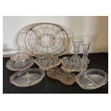Lot of Vintage Pressed Glass Dishes and Platters with Gold Trim