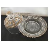 Lot of Vintage Pressed Glass Dishes and Platters with Gold Trim