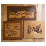 Collection of 3 Vintage Walter Kraft and Marquetry Pictures in Wood Decor