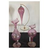 Set of 3 Pink Handblown Glass Vases and Ornament with Gold Accent