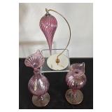 Set of 3 Pink Handblown Glass Vases and Ornament with Gold Accent