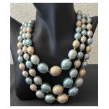Vintage Three-Strand Beaded Necklace with Blue and Gold Accents