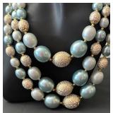 Vintage Three-Strand Beaded Necklace with Blue and Gold Accents