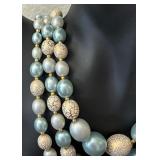 Vintage Three-Strand Beaded Necklace with Blue and Gold Accents