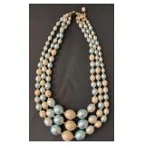 Vintage Three-Strand Beaded Necklace with Blue and Gold Accents