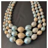 Vintage Three-Strand Beaded Necklace with Blue and Gold Accents