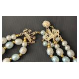 Vintage Three-Strand Beaded Necklace with Blue and Gold Accents