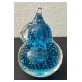 Blue Controlled Bubble Glass Pear Paperweight