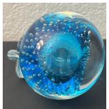 Blue Controlled Bubble Glass Pear Paperweight